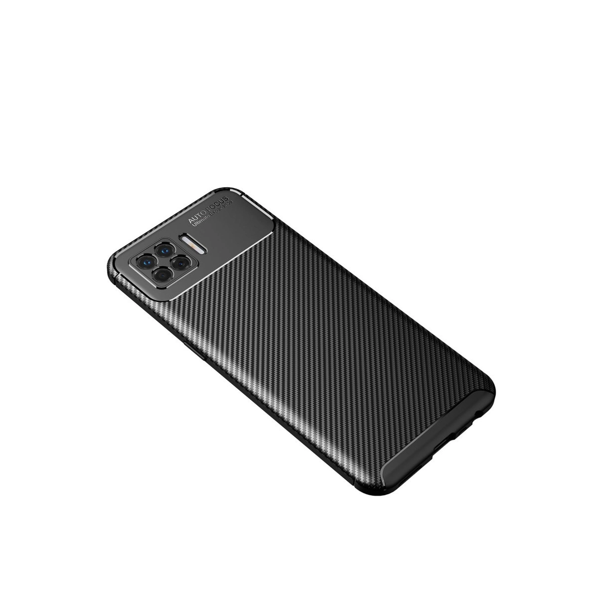Karbon fiber desenli kılıflı siyah akıllı telefon ve dört arka kamera.