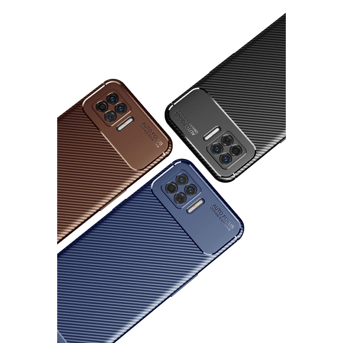 Karbon fiber dokulu mavi, kahverengi ve siyah üç akıllı telefon kılıfı.