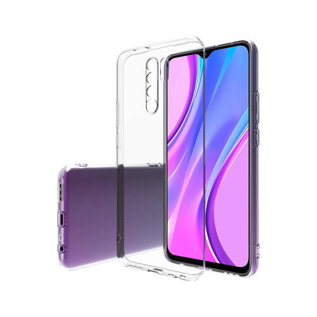 Mor bir telefonun içinde olduğu şeffaf telefon kılıfı.