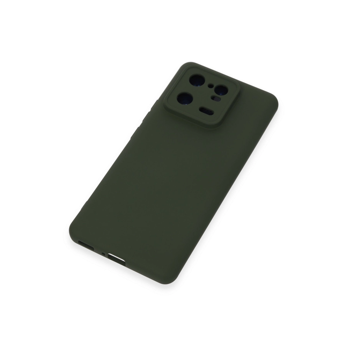 Beyaz arka plan üzerinde, dikdörtgen kamera modüllü koyu yeşil telefon kılıfı.