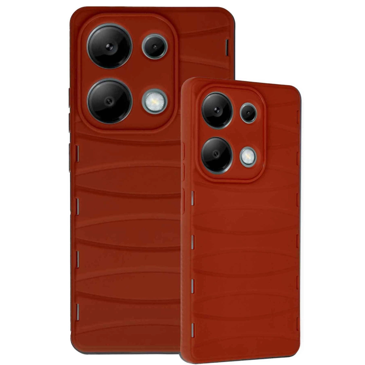 Dalga desenli ve kamera modüllü iki turuncu telefon kılıfı.