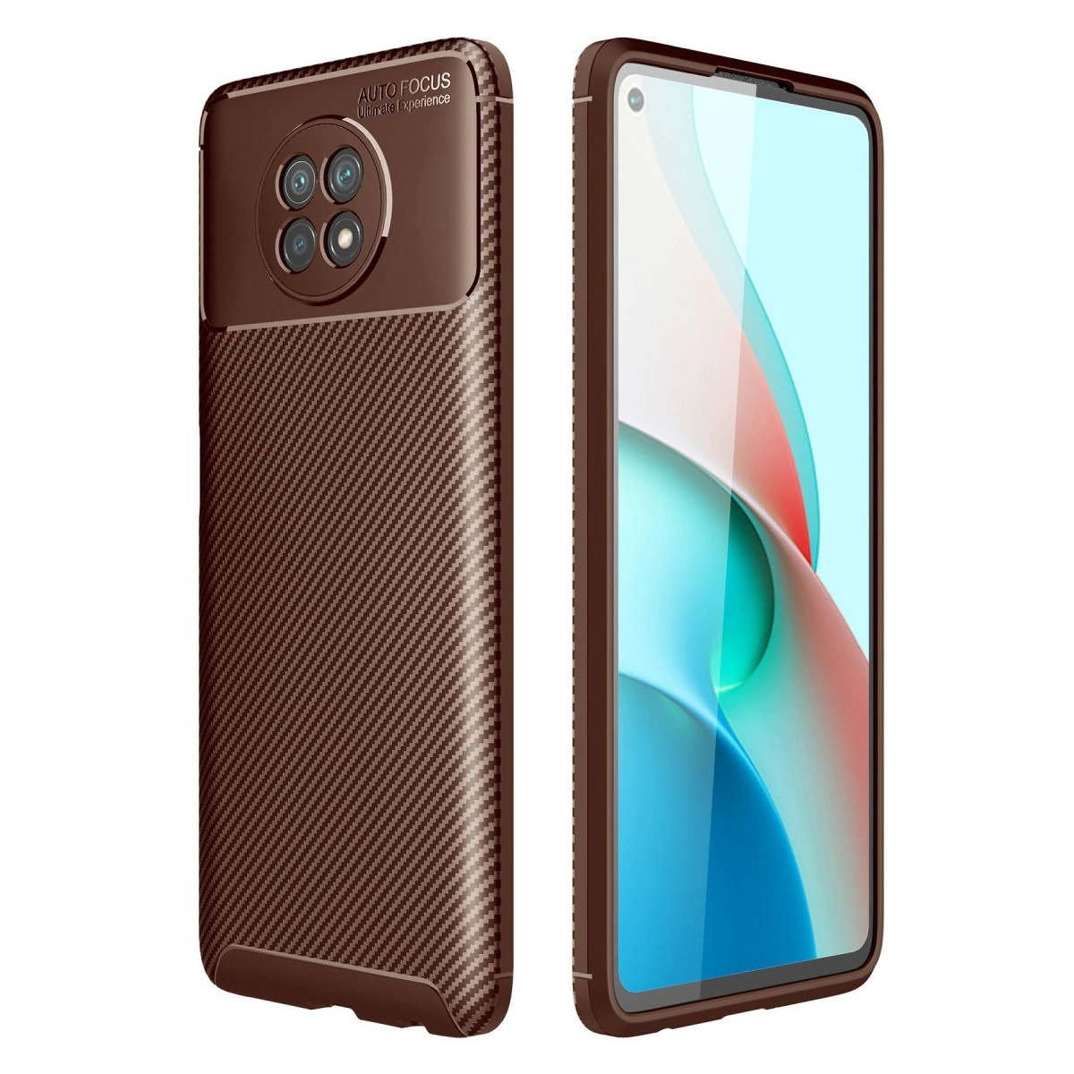 Karbon fiber dokulu kahverengi telefon kılıfı, dört arka kamera.