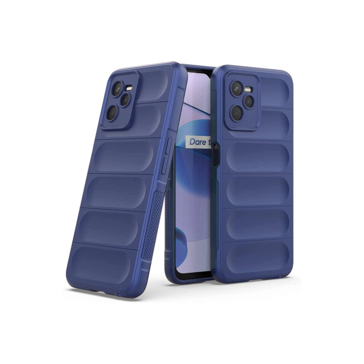 Beyaz arka plan üzerinde yivli desenli iki mavi telefon kılıfı.