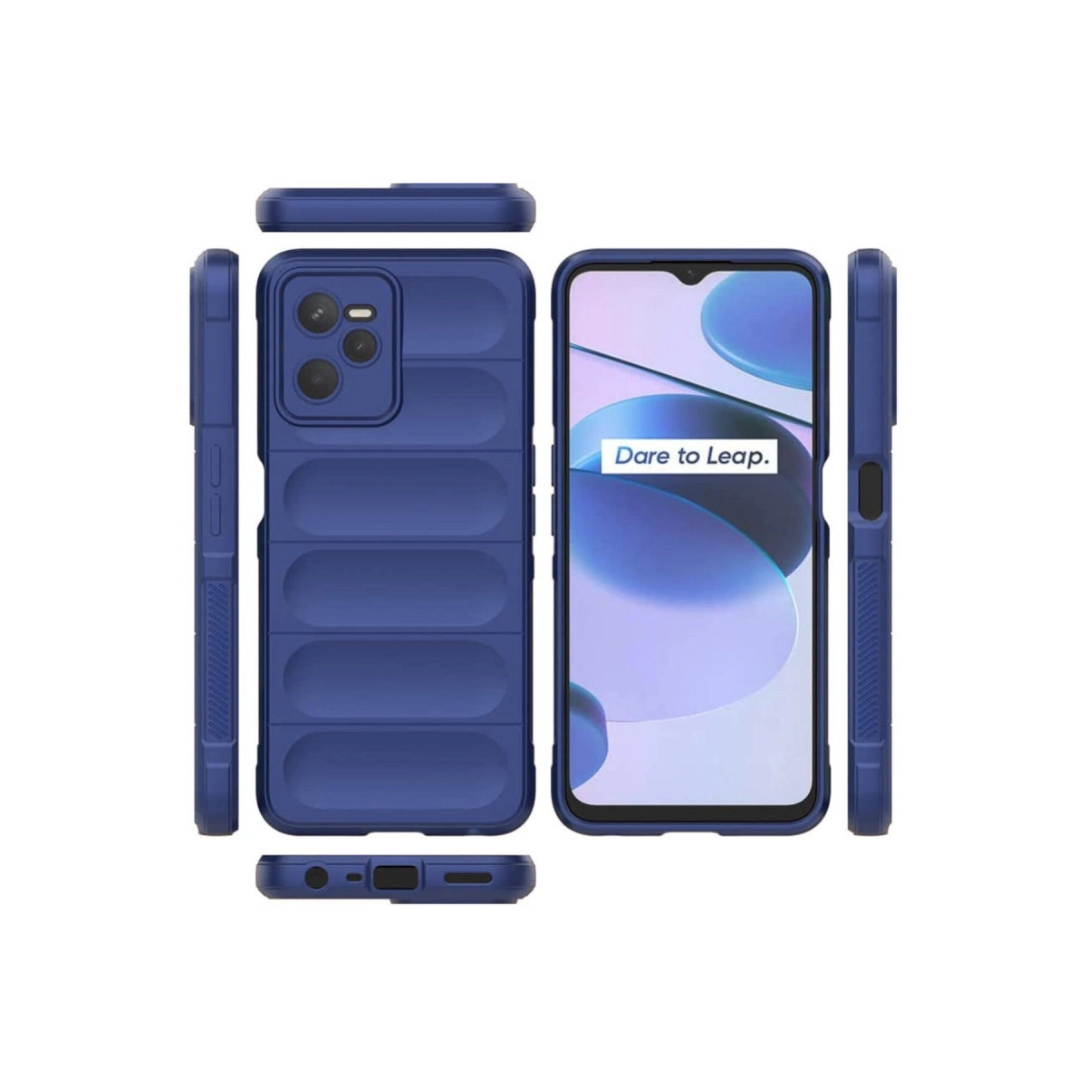 Mavi telefon kılıfı, dokulu arka yüzü ve kamera kesiği ile çeşitli açılardan gösteriliyor.