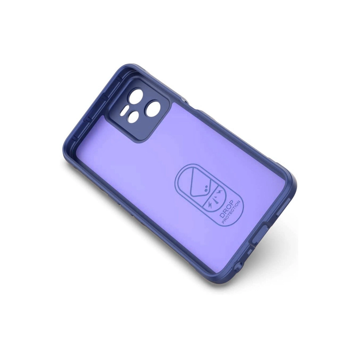Kamera kesikleri ve düşme koruması logosu bulunan açık mor içli koyu mavi telefon kılıfı.
