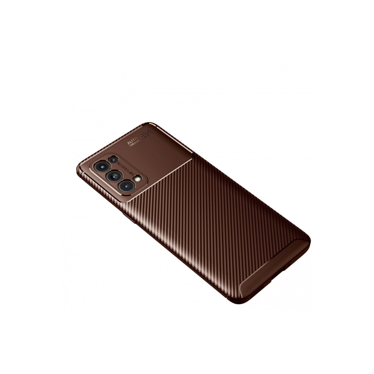 Karbon fiber desenli, arkasında üç kamera lensi olan kahverengi telefon kılıfı.