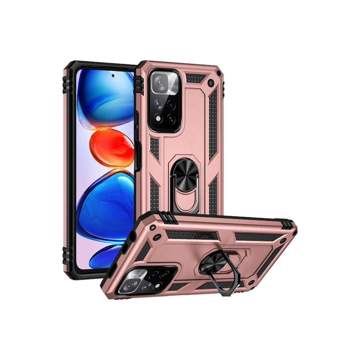 Halka stantlı roze altın telefon kılıfı, biri dik, biri açılı.