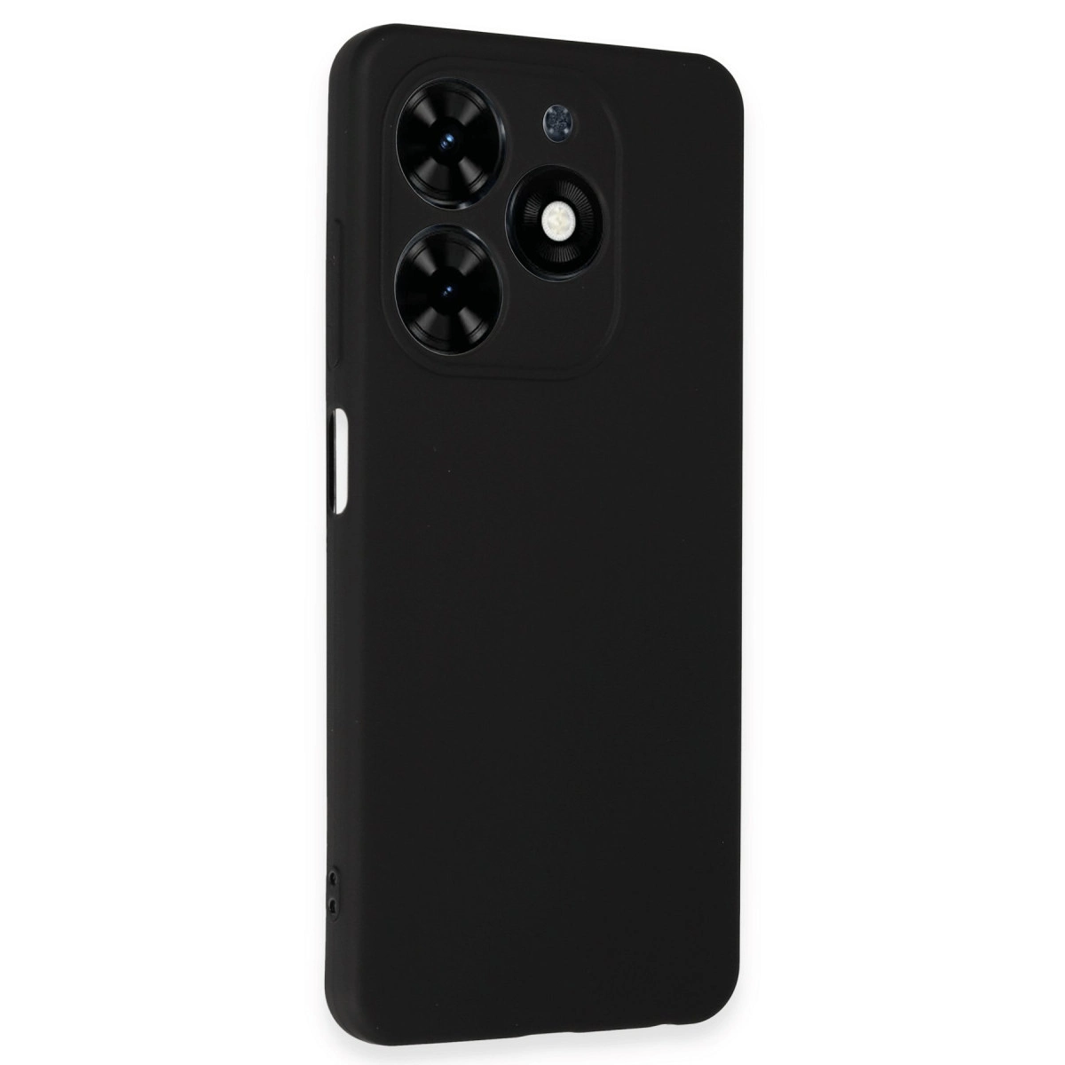 Siyah telefon kılıfı, üçlü kamera kesimi ve flaş.
