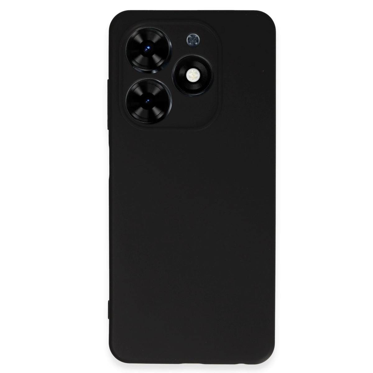 Arkada üçlü kamera lens sistemine sahip siyah telefon kılıfı.
