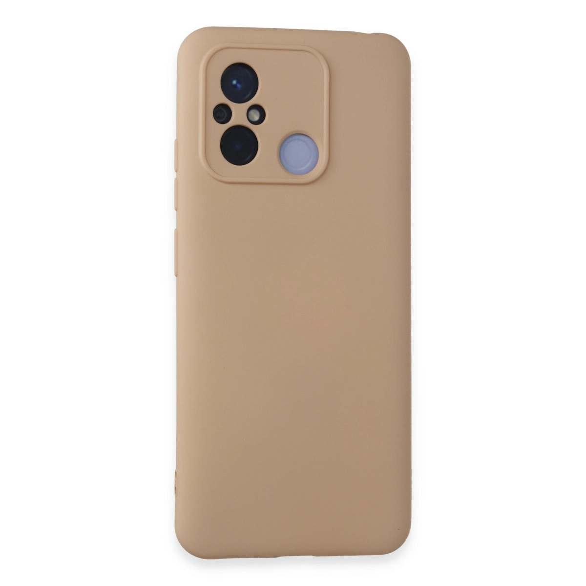 Kamera lensi ve flaşı olan bej telefon kılıfı.