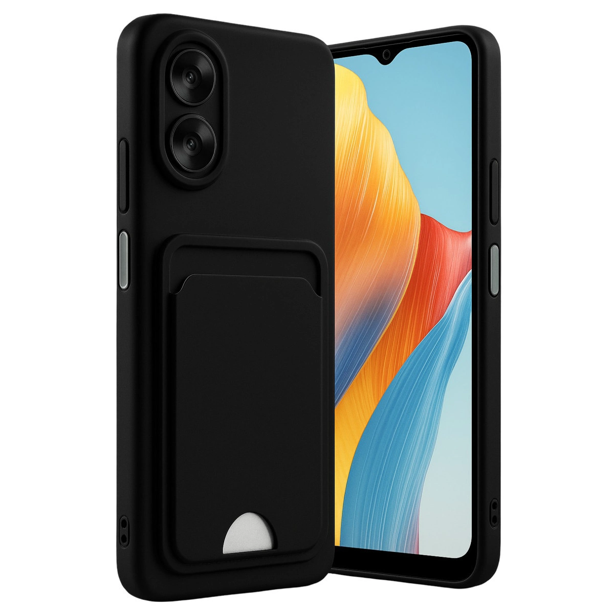 Kart tutuculu ve çift kameralı siyah telefon kılıfı. Renkli çizgili ekran.