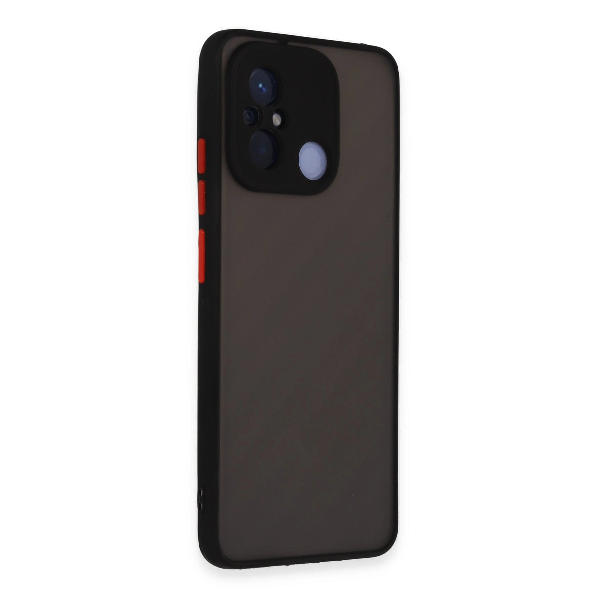 Koyu gri telefon kılıfı, kırmızı vurgular ve kamera kesiği.