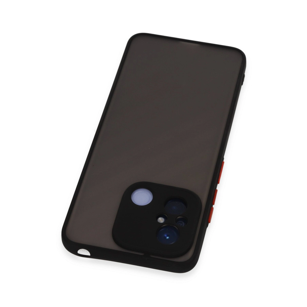 Siyah kamera modülü ve kırmızı düğmeleri olan koyu gri telefon kılıfı.