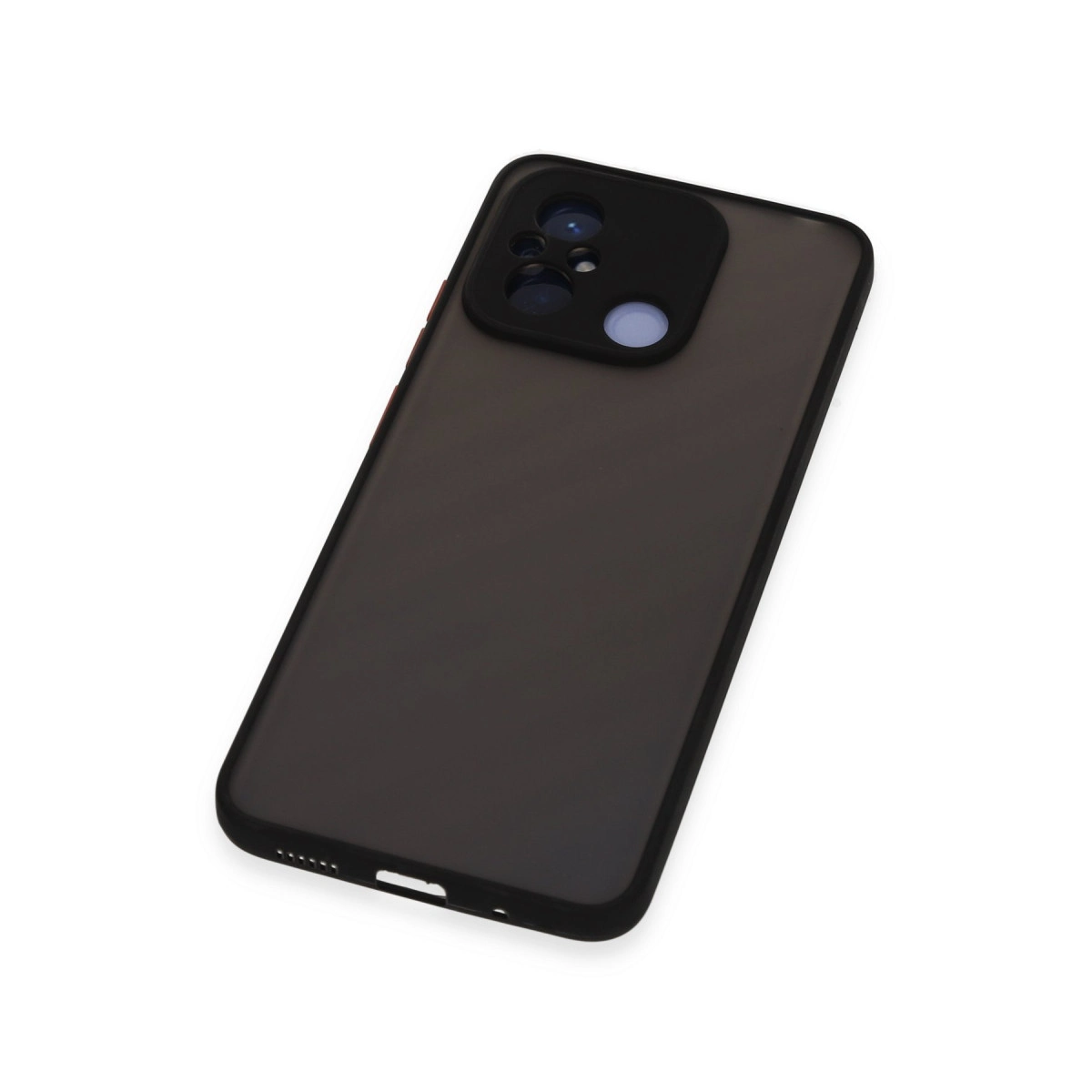 Koyu gri telefon, siyah kamera modülü ve kırmızı vurgularla beyaz arka plan üzerinde.