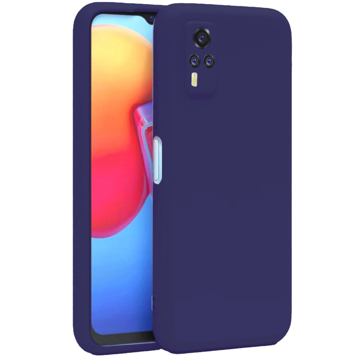 Koyu mavi telefon kılıfı, arka kamera modülü ve flaşlı.