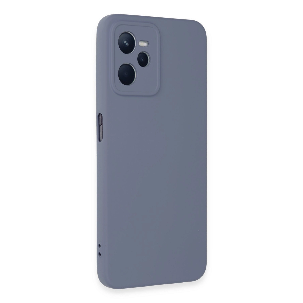 Üçlü kamera oyuntulu ve yan düğmeli gri telefon kılıfı.