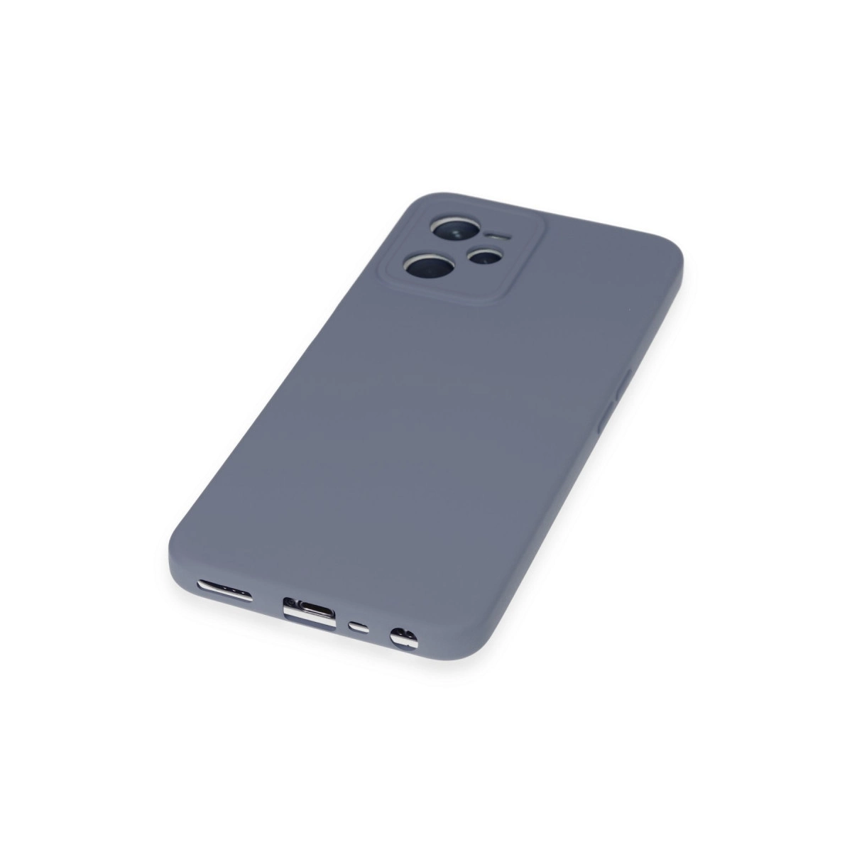 Kamera kesimli ve şarj portlu gri telefon kılıfı.