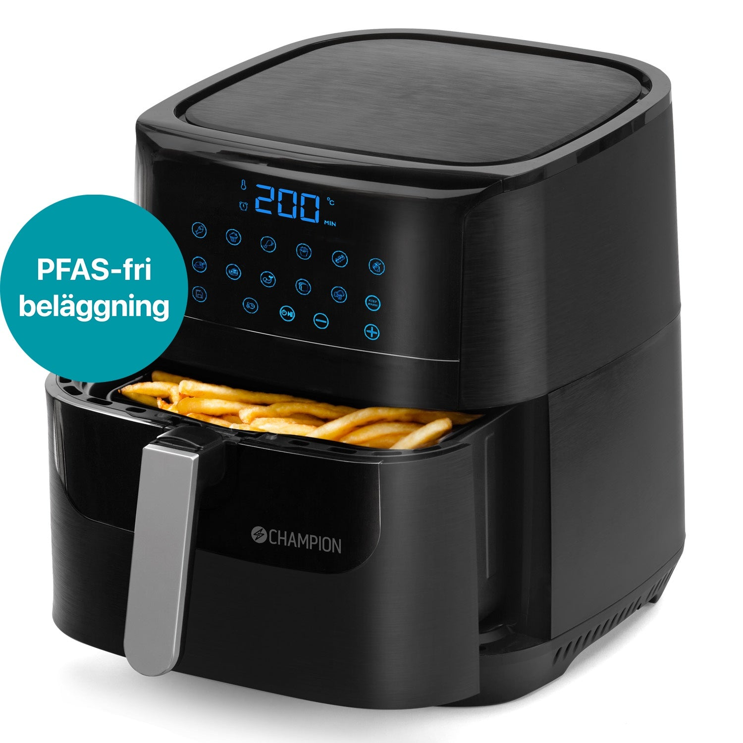Black air fryer with fries and digital display. PFAS-free coating.