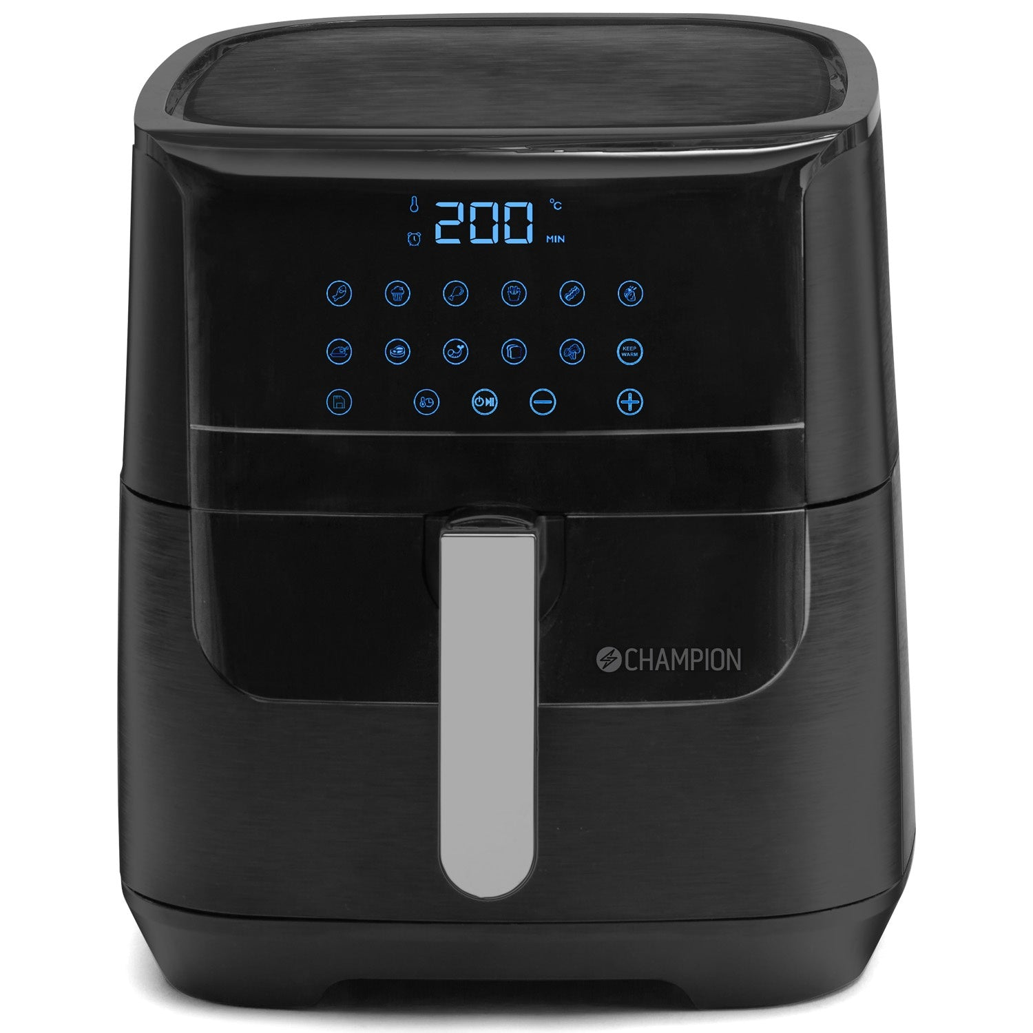 Black air fryer with digital display showing 200 degrees Celsius.