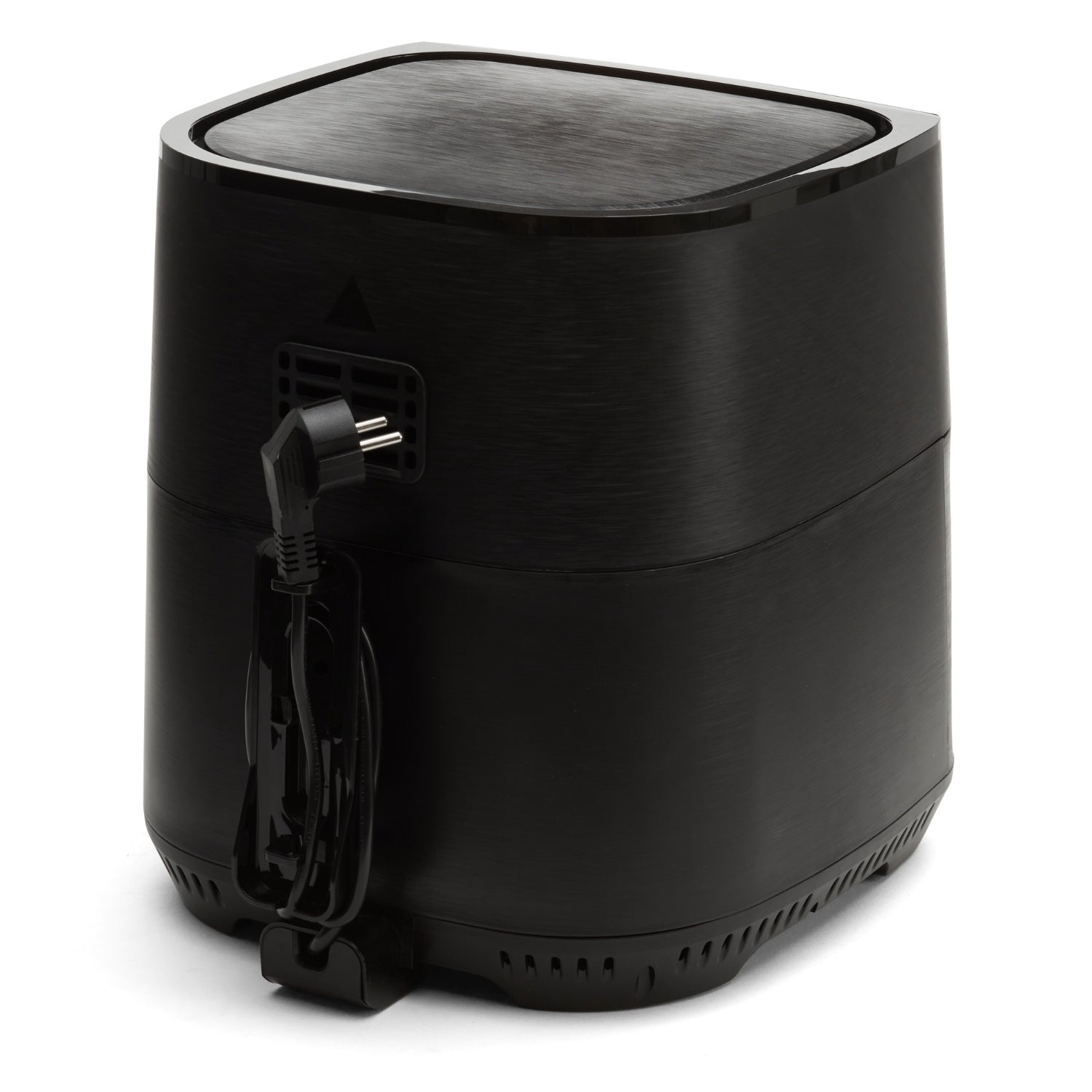 A black, box-shaped air fryer with its cord and plug attached.