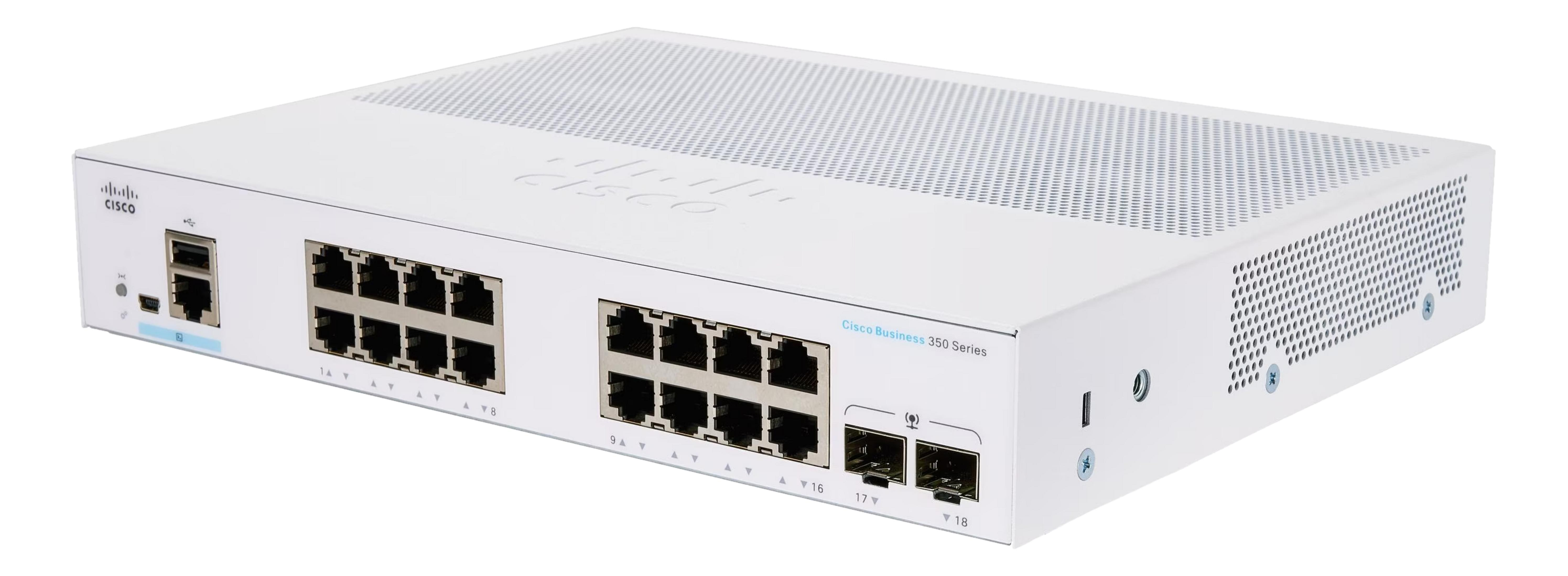 Biały przełącznik Cisco Business 350 Series z 18 portami.