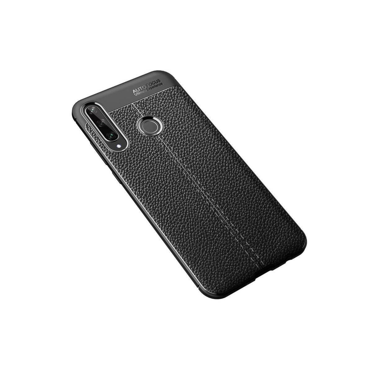 Arkada deri dokulu, üçlü kamerası olan siyah telefon kılıfı.
