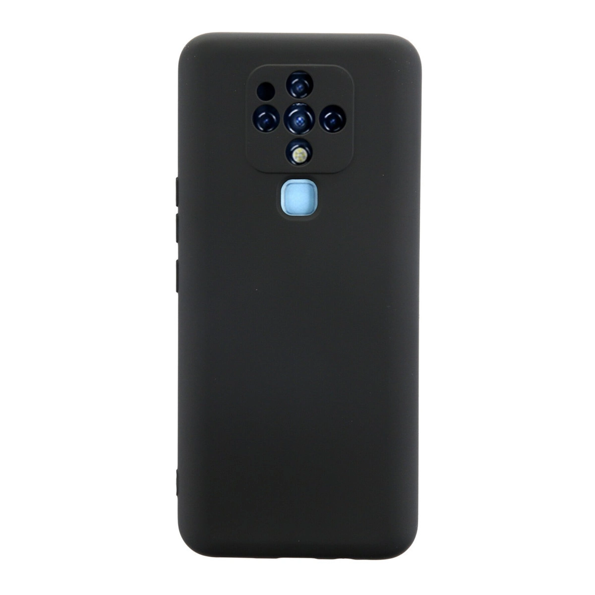 Kare kamera modülü ve flaşlı siyah telefon kılıfı.