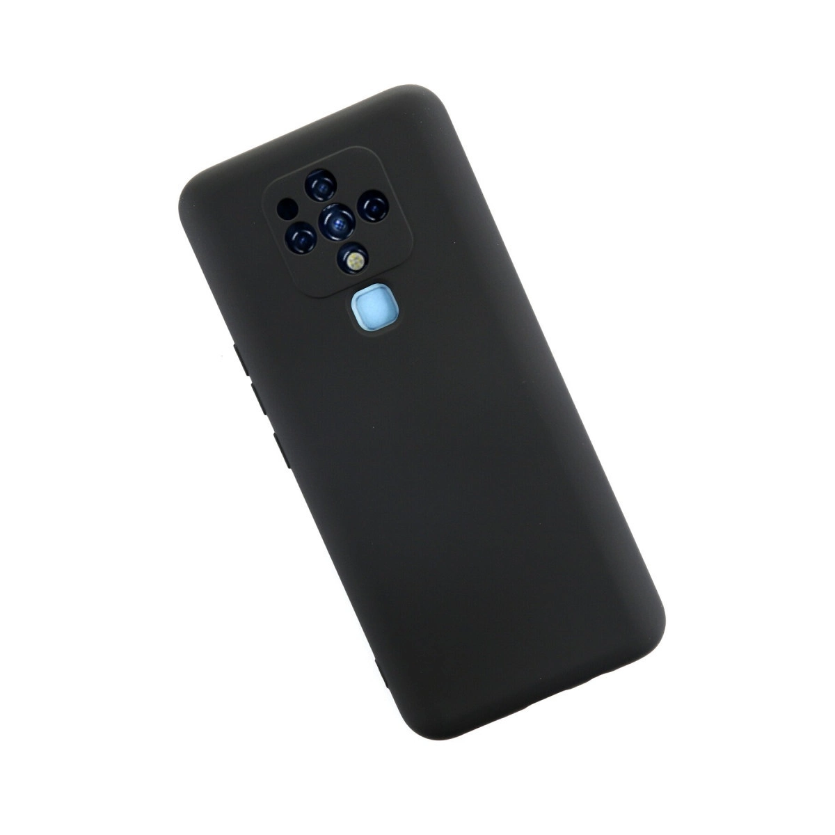 Arkada dört kamera ve flaşlı siyah telefon kılıfı.