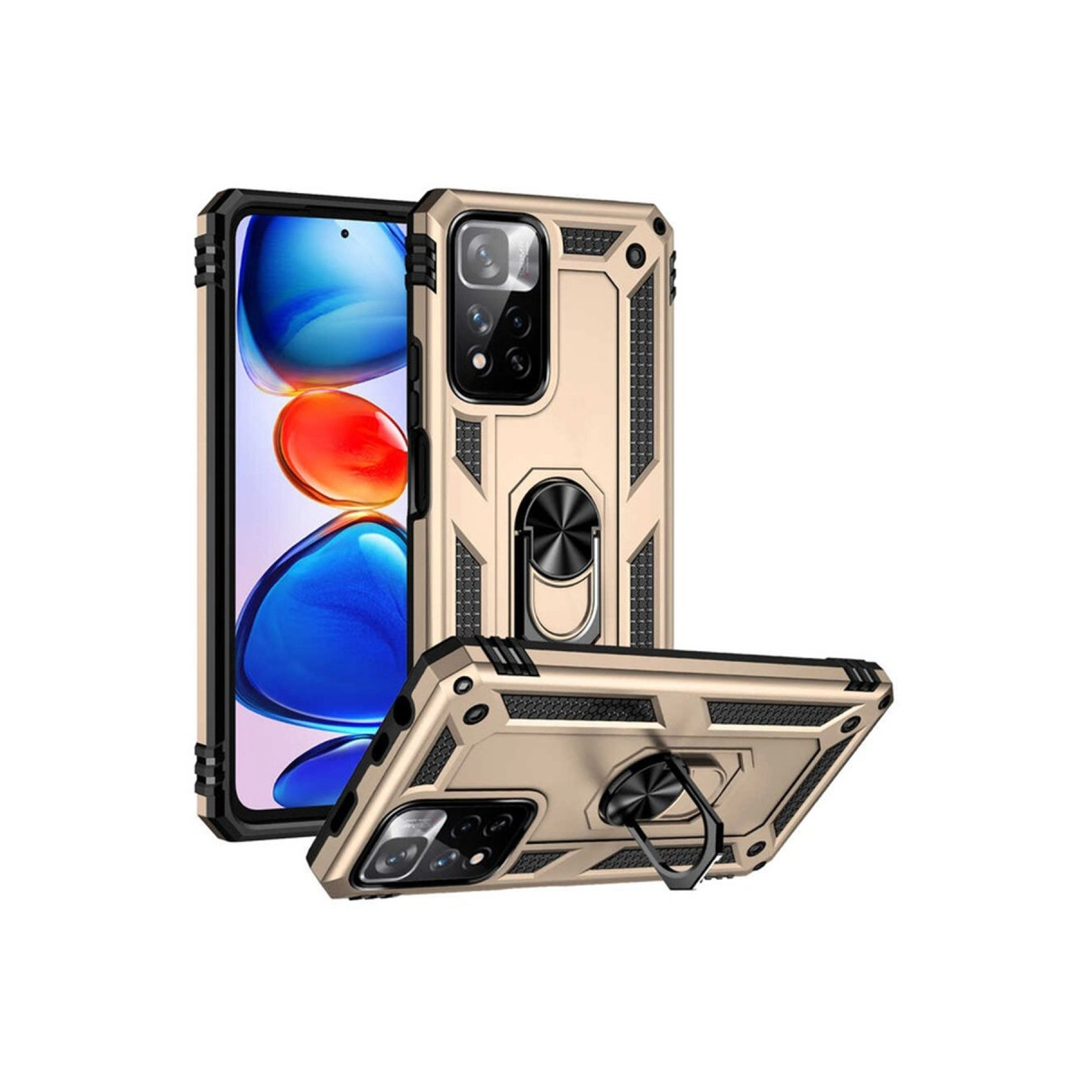 Altın rengi telefon kılıfı, halka tutucu ve kamera kesiği ile, beyaz arka plan üzerinde.