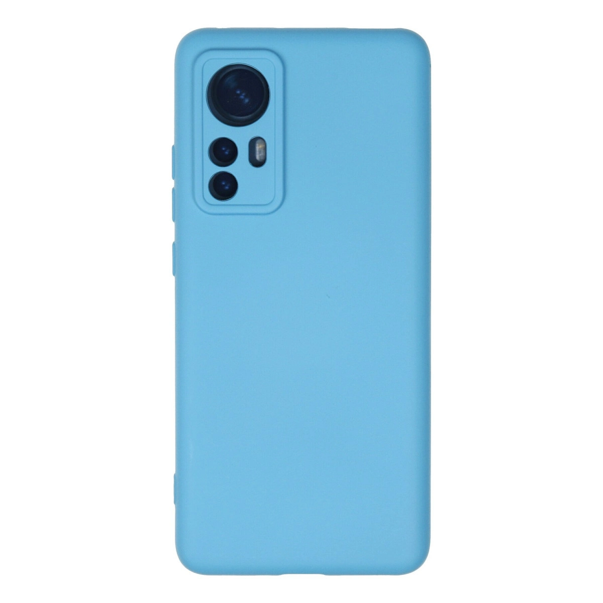 Arkada üçlü kamera lensli açık mavi telefon kılıfı.