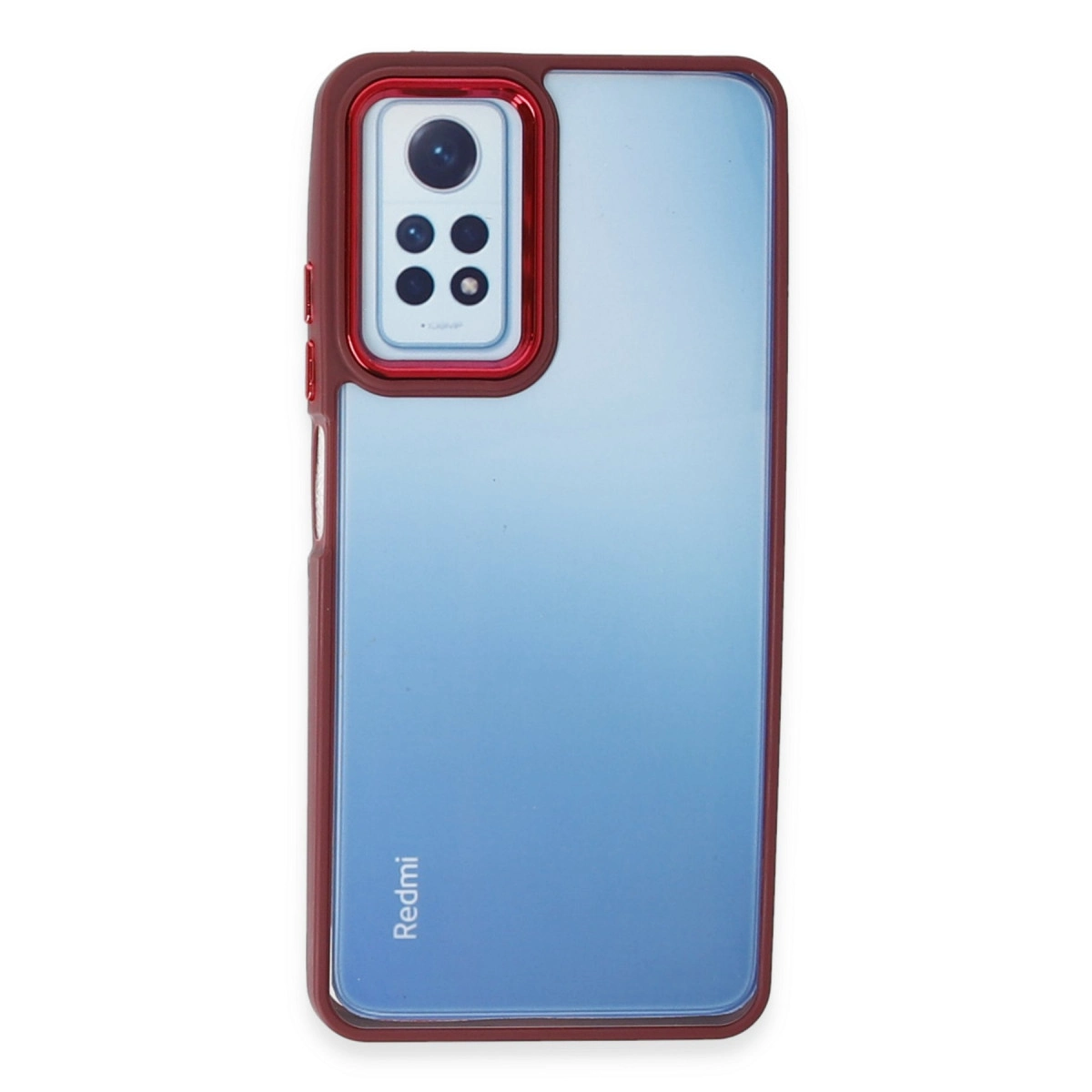 Mavi, parlak arka panele sahip koyu kırmızı telefon kılıfı.