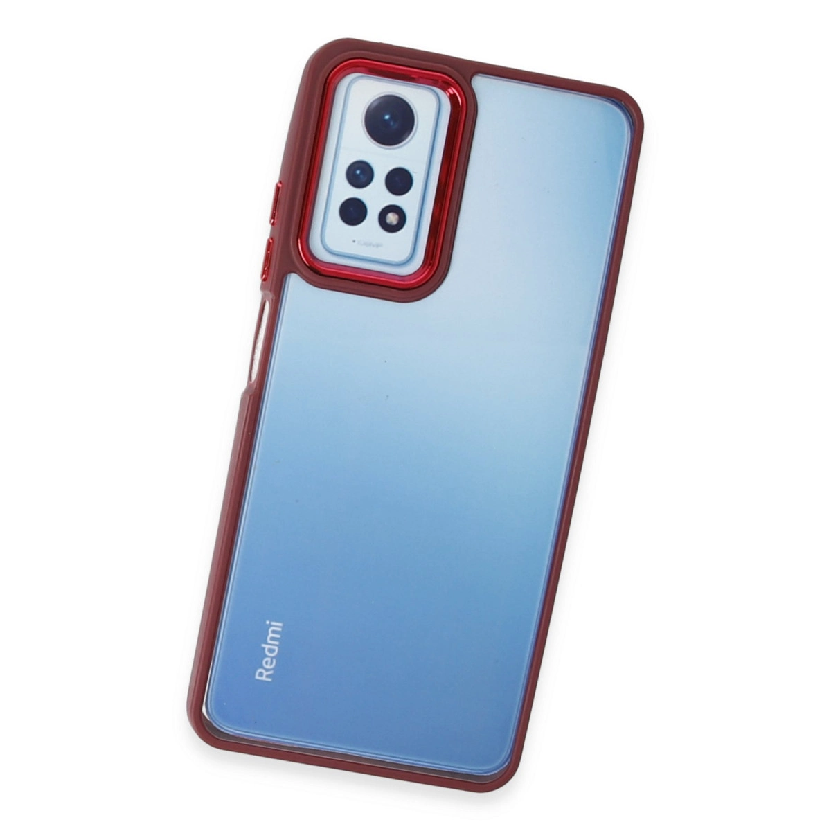 Mavi bir telefonlu koyu kırmızı telefon kılıfı.