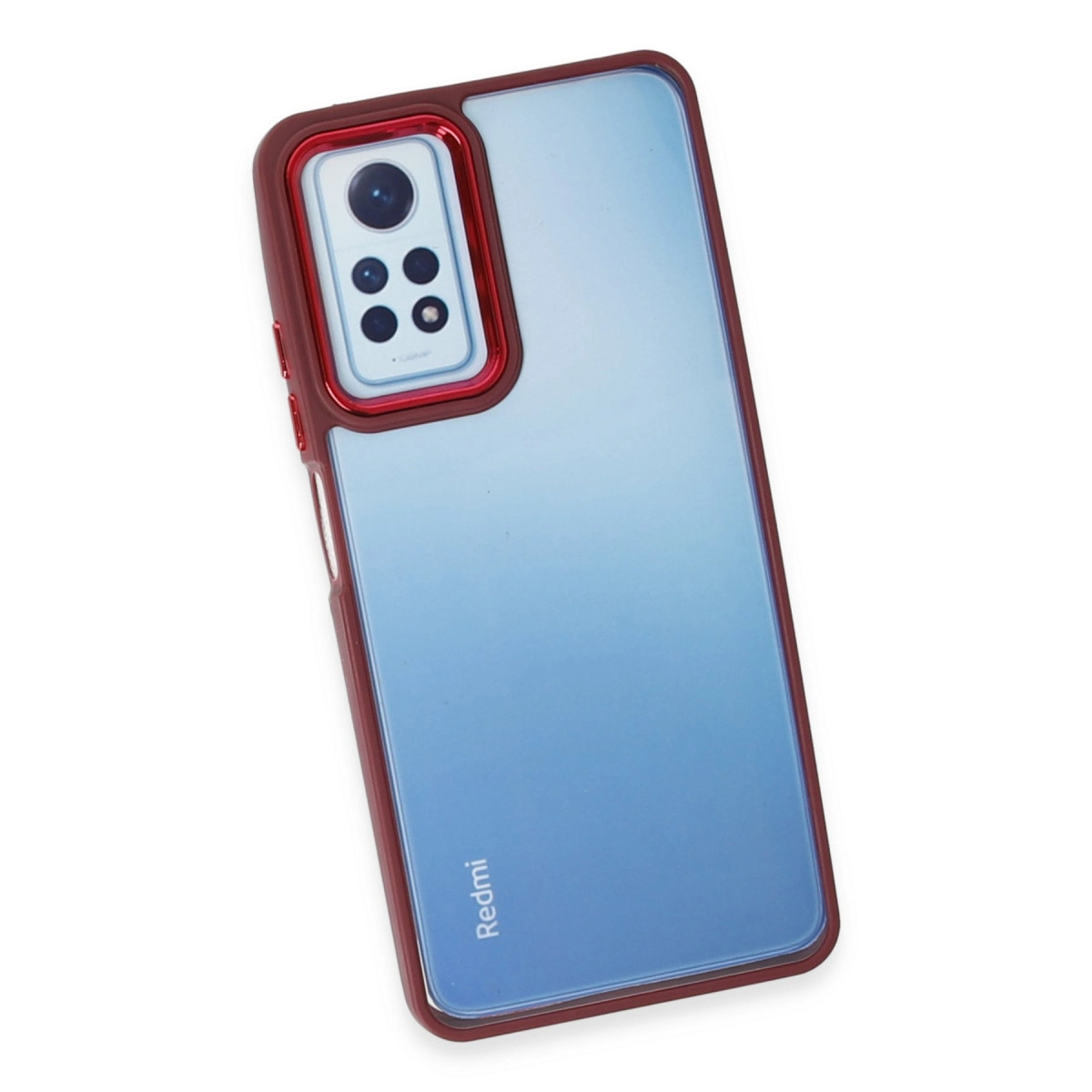 Dört kameralı modüle sahip kırmızı şeffaf plastik telefon kılıfı.