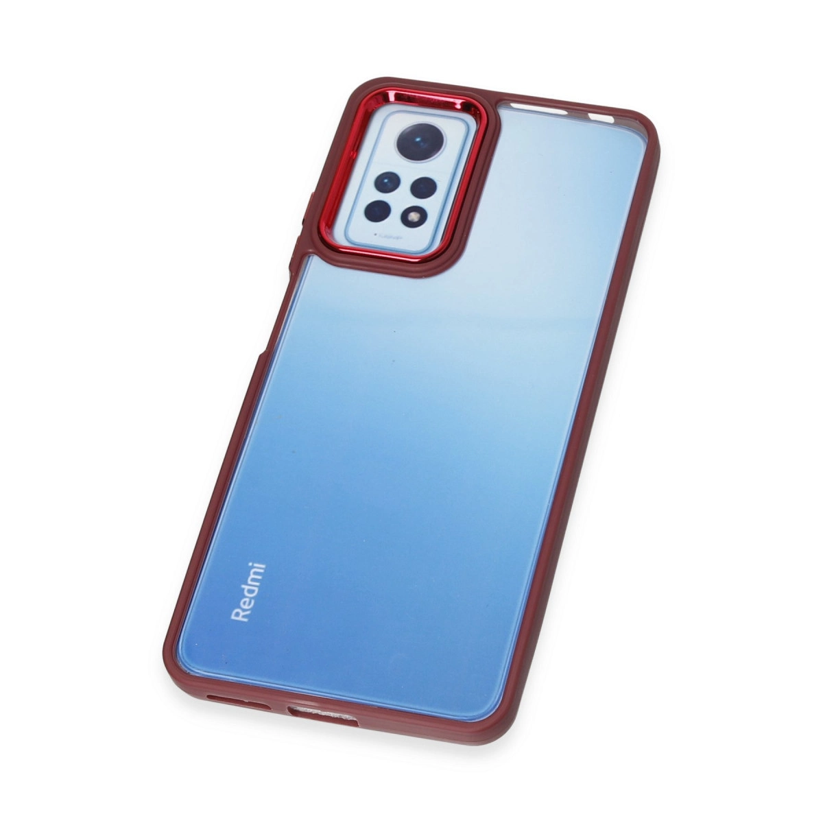 Kamera açıklığına sahip kırmızı telefon kılıfı, mavi degrade.