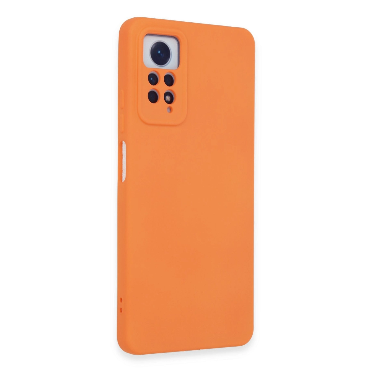 Kamera modülü ve düğmeleri olan turuncu telefon kılıfı.