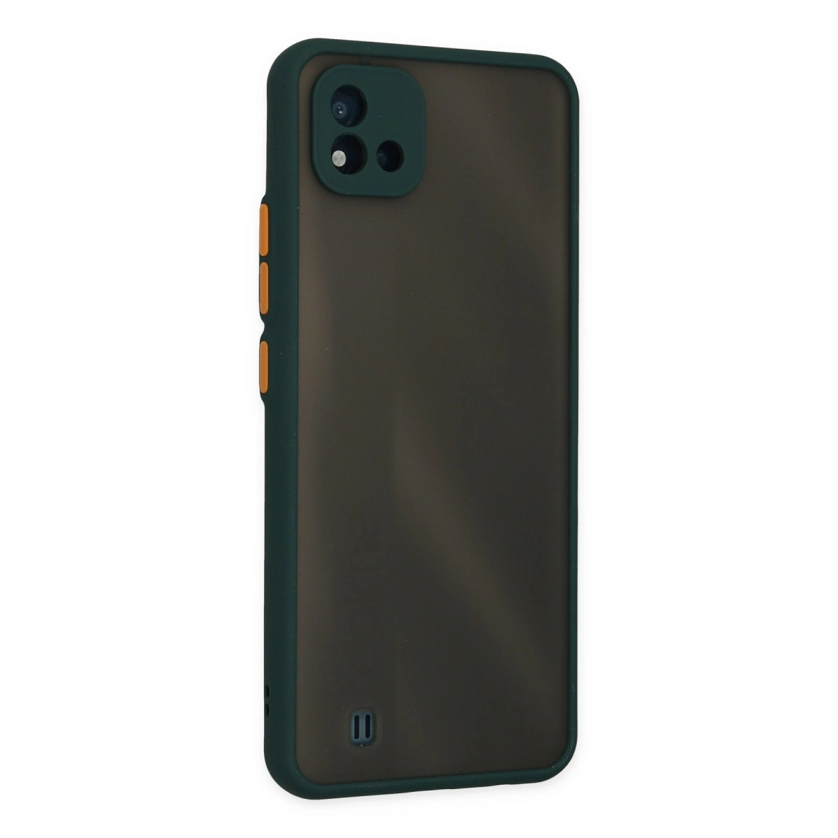 Mat cam efektli ve turuncu düğmeli koyu yeşil telefon kılıfı.
