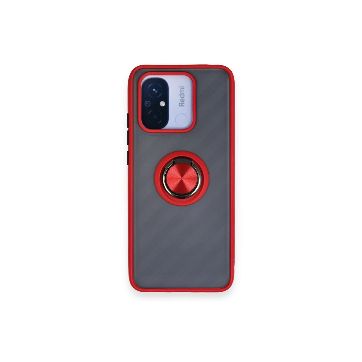 Kırmızı kenarlı gri telefon kılıfı ve halka tutucu.