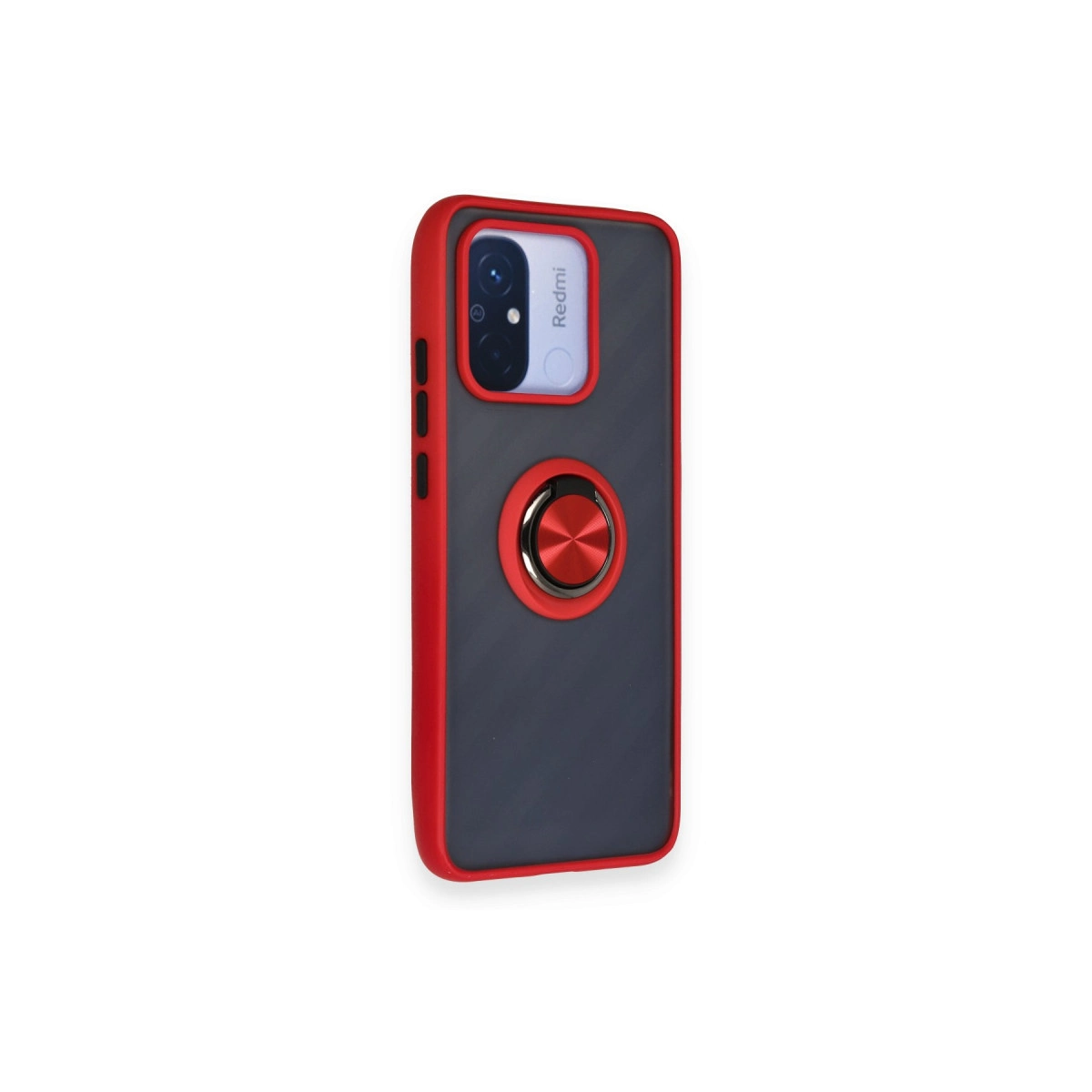 Arka tarafında kırmızı kenarlı ve kırmızı halka tutuculu koyu gri telefon kılıfı.