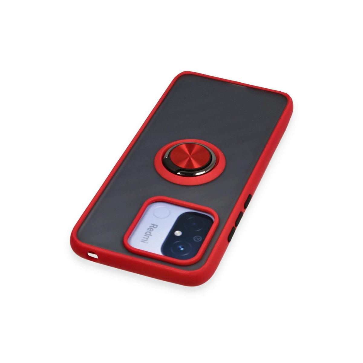 Kırmızı kenarlı ve halka tutuculu siyah telefon kılıfı, kamera kesimi.