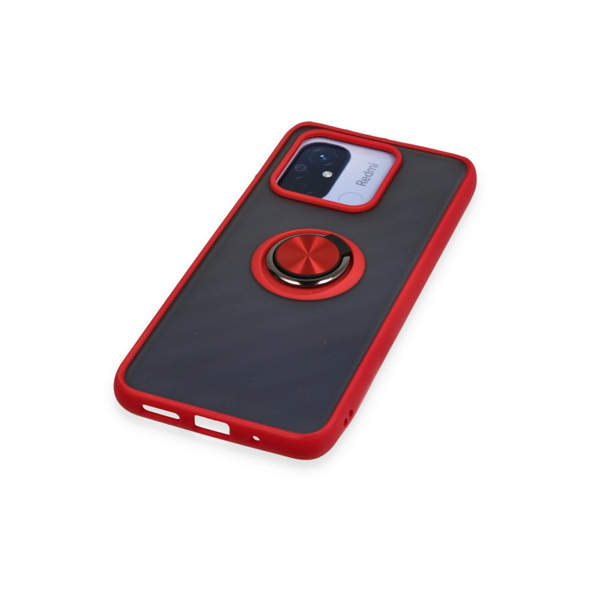 Kırmızı kenarlı ve halka tutuculu gri telefon kılıfı.