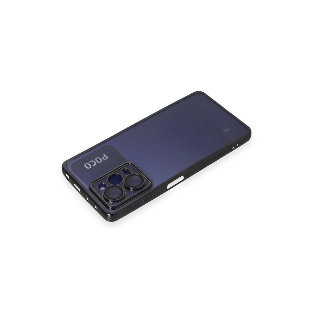 Birden fazla kamera lensi gösteren, siyah kılıflı koyu mavi POCO akıllı telefon.