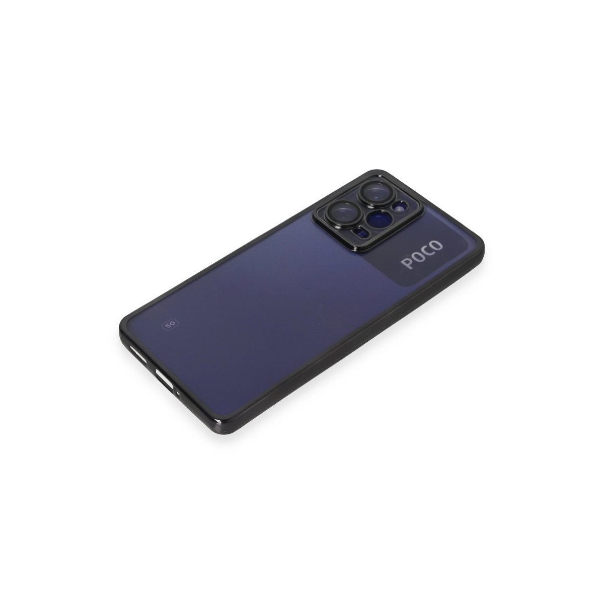 Siyah çerçeveli ve kamera modüllü koyu mavi POCO 5G telefon.