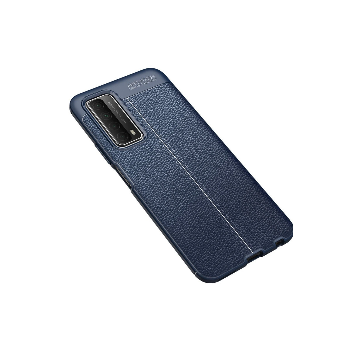 Dikişli, lacivert, dokulu deri telefon kılıfı.