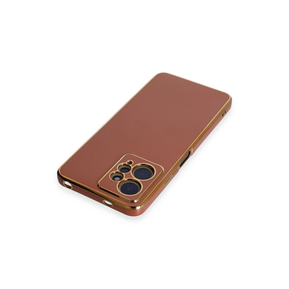 Altın çerçeveli ve kamera lensli kahverengi telefon kılıfı, beyaz arka plan üzerinde.