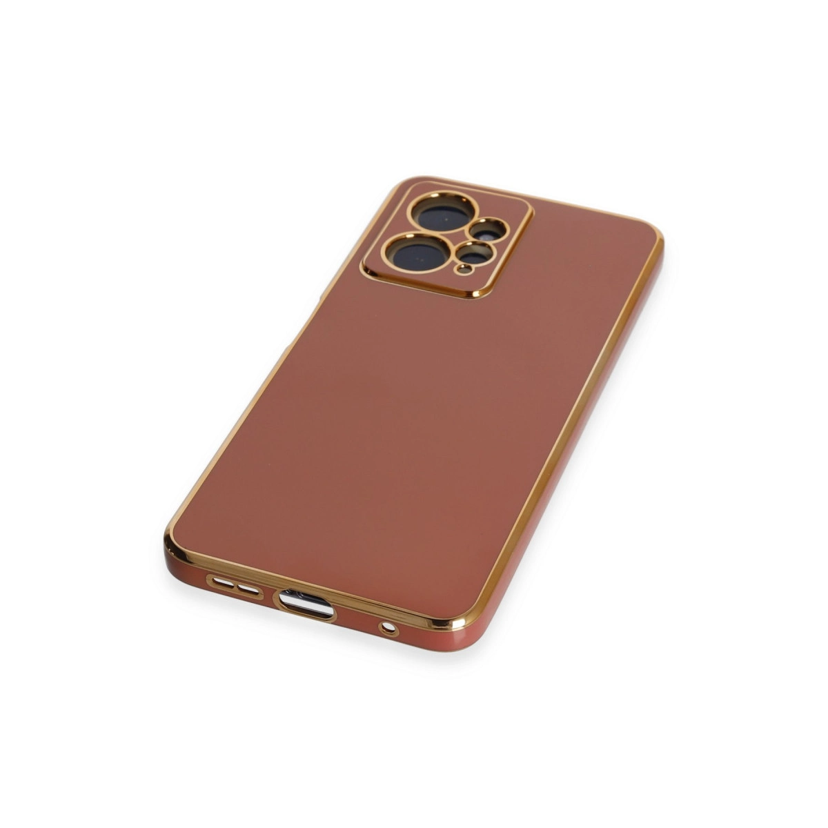Altın kenarlı ve kamera kesimli kahverengi telefon kılıfı.
