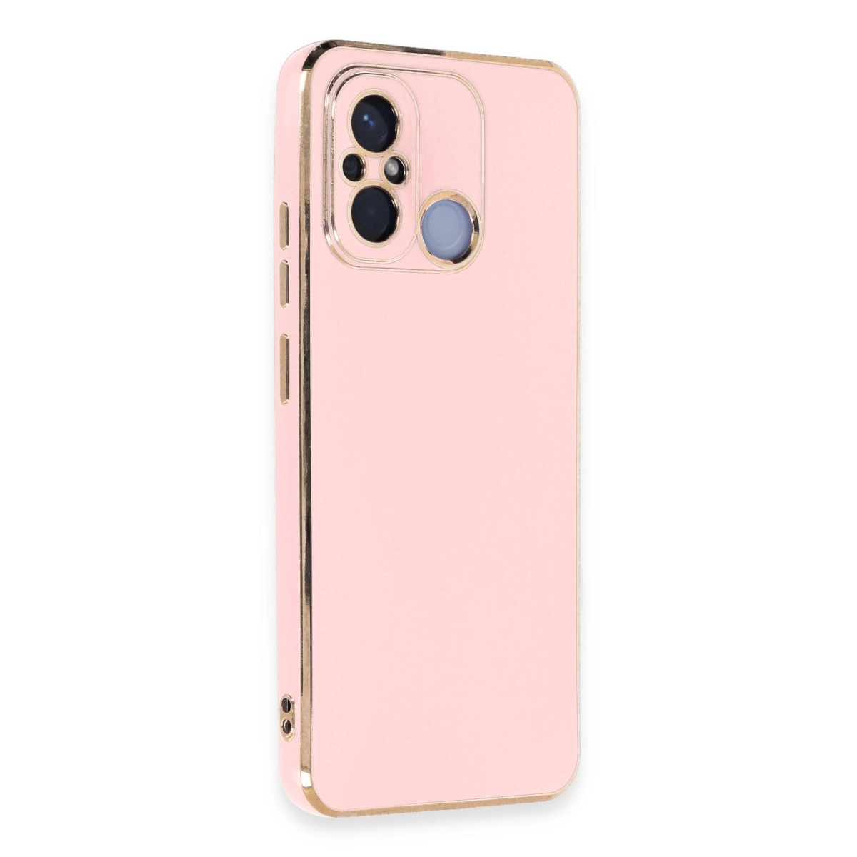 Altın kenarlı ve kamera modüllü pembe telefon kılıfı.