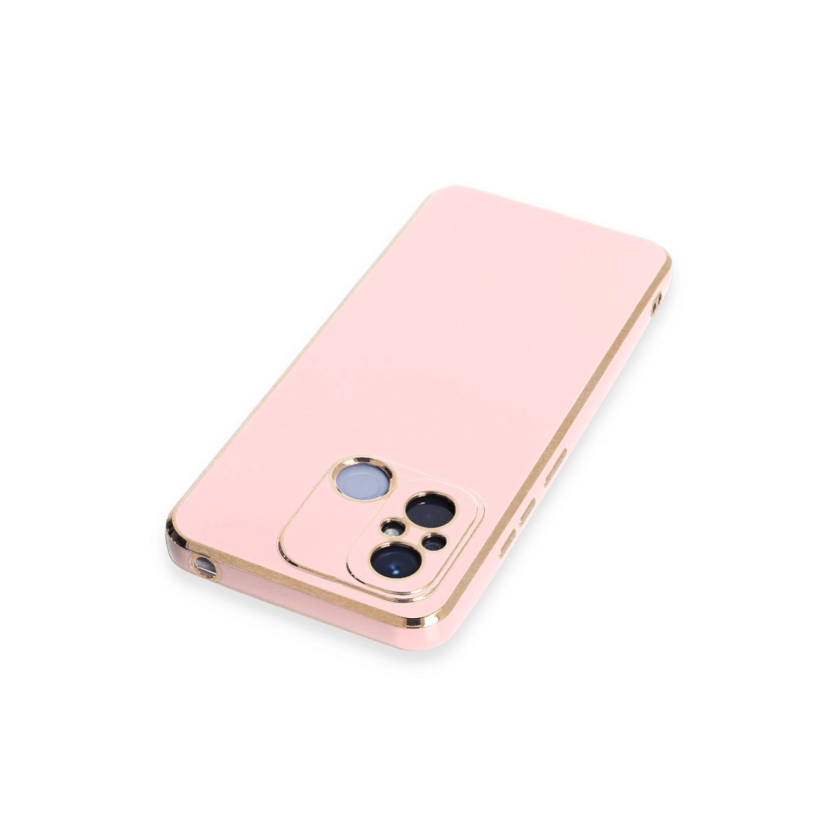 Beyaz arka plan üzerinde kameralı pembe telefon kılıfı.