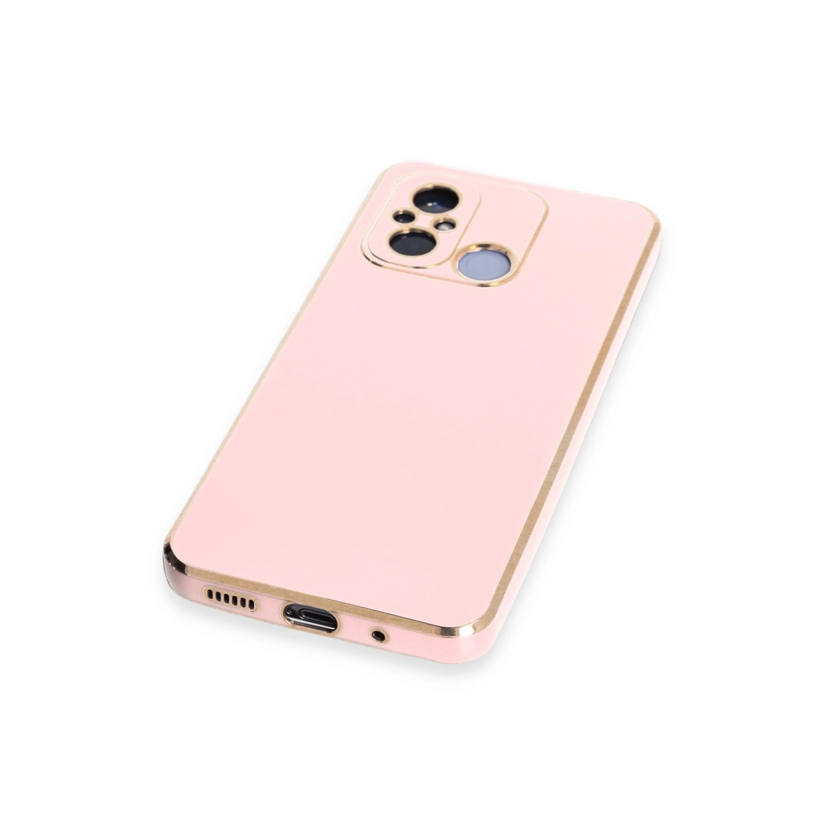 Altın vurgulu ve kamera modüllü pembe akıllı telefon kılıfı.