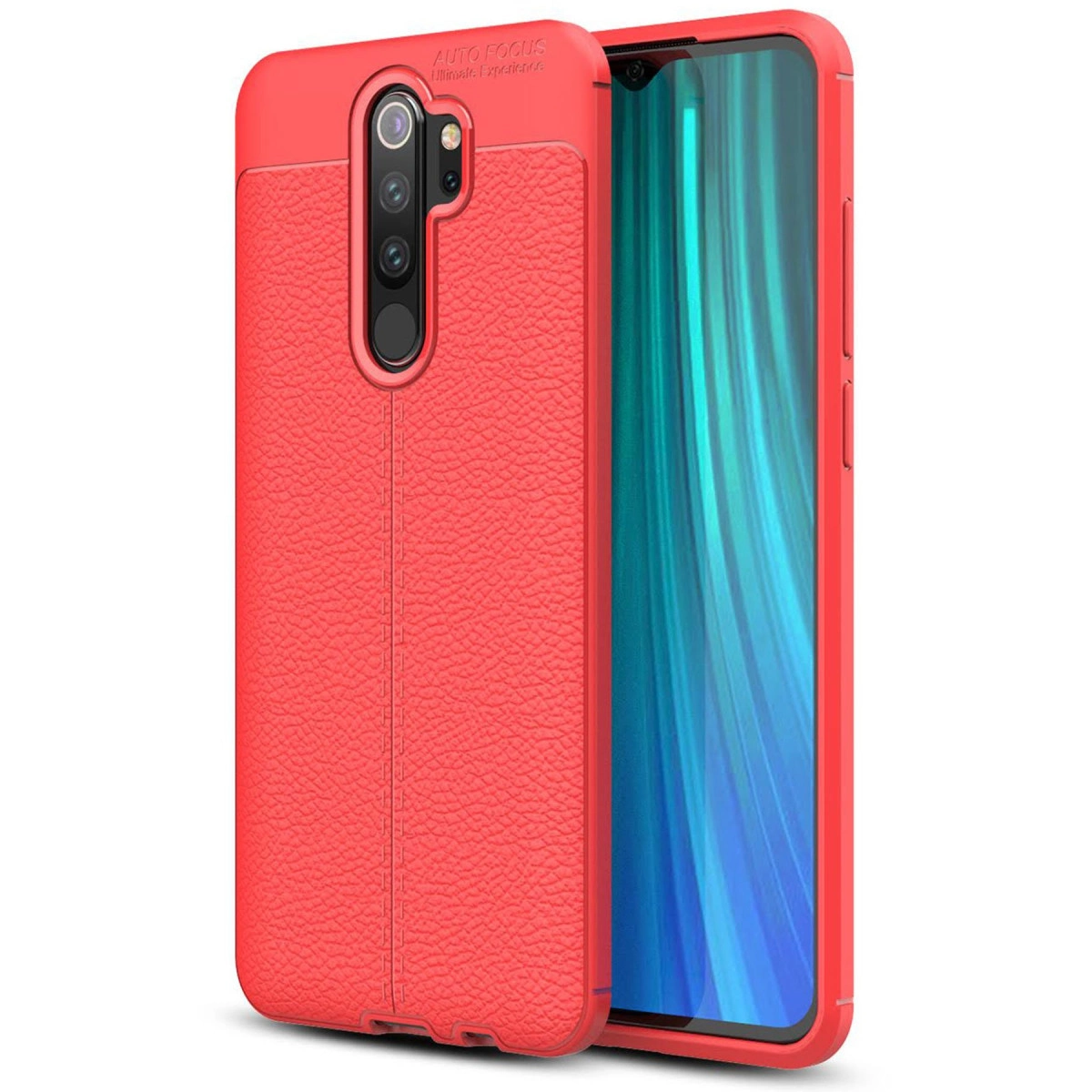 Dokulu arka ve kamera çıkıntılı kırmızı telefon kılıfı. Kısmen görünen akıllı telefon.