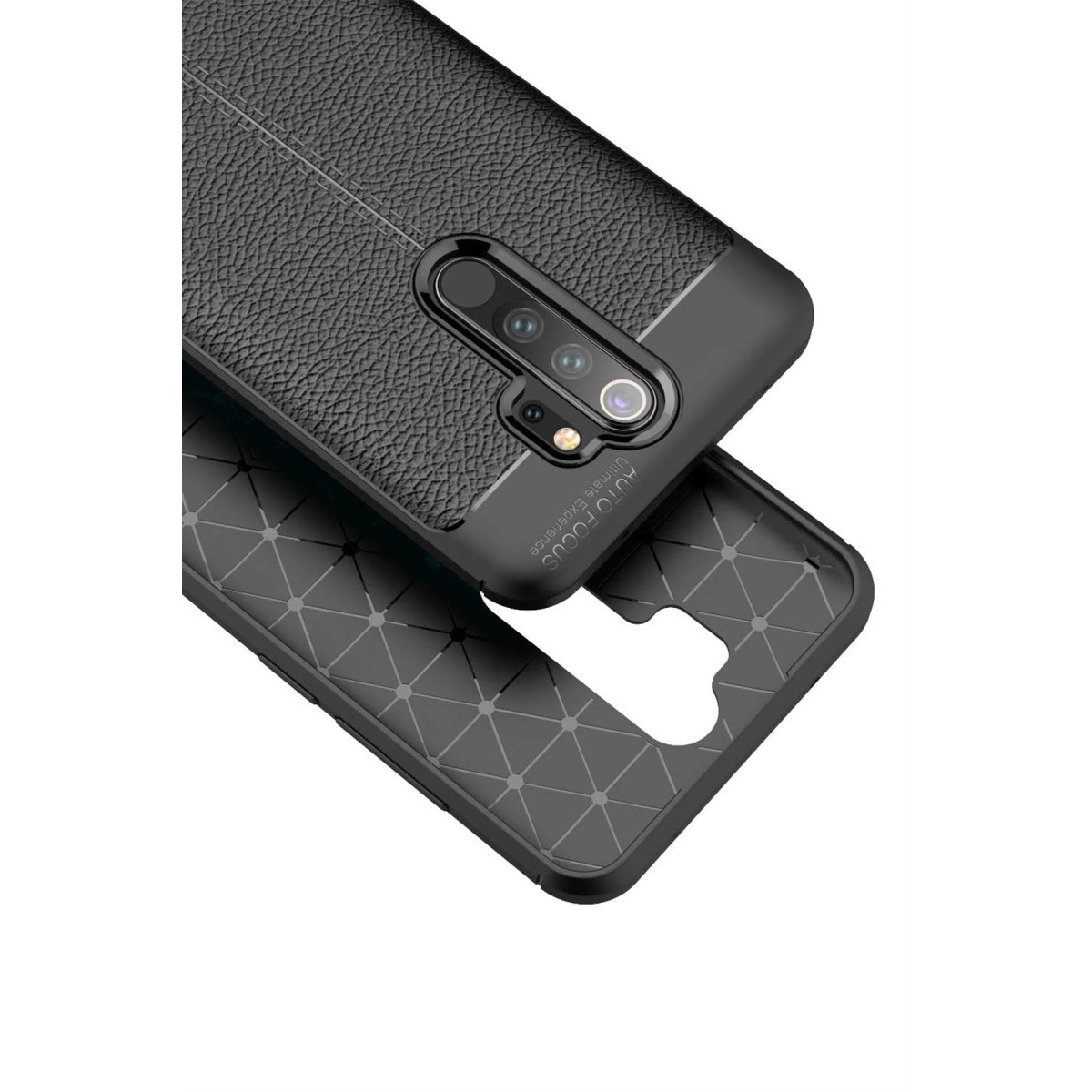 Doku kaplamalı, kamera kesimli siyah telefon kılıfı.